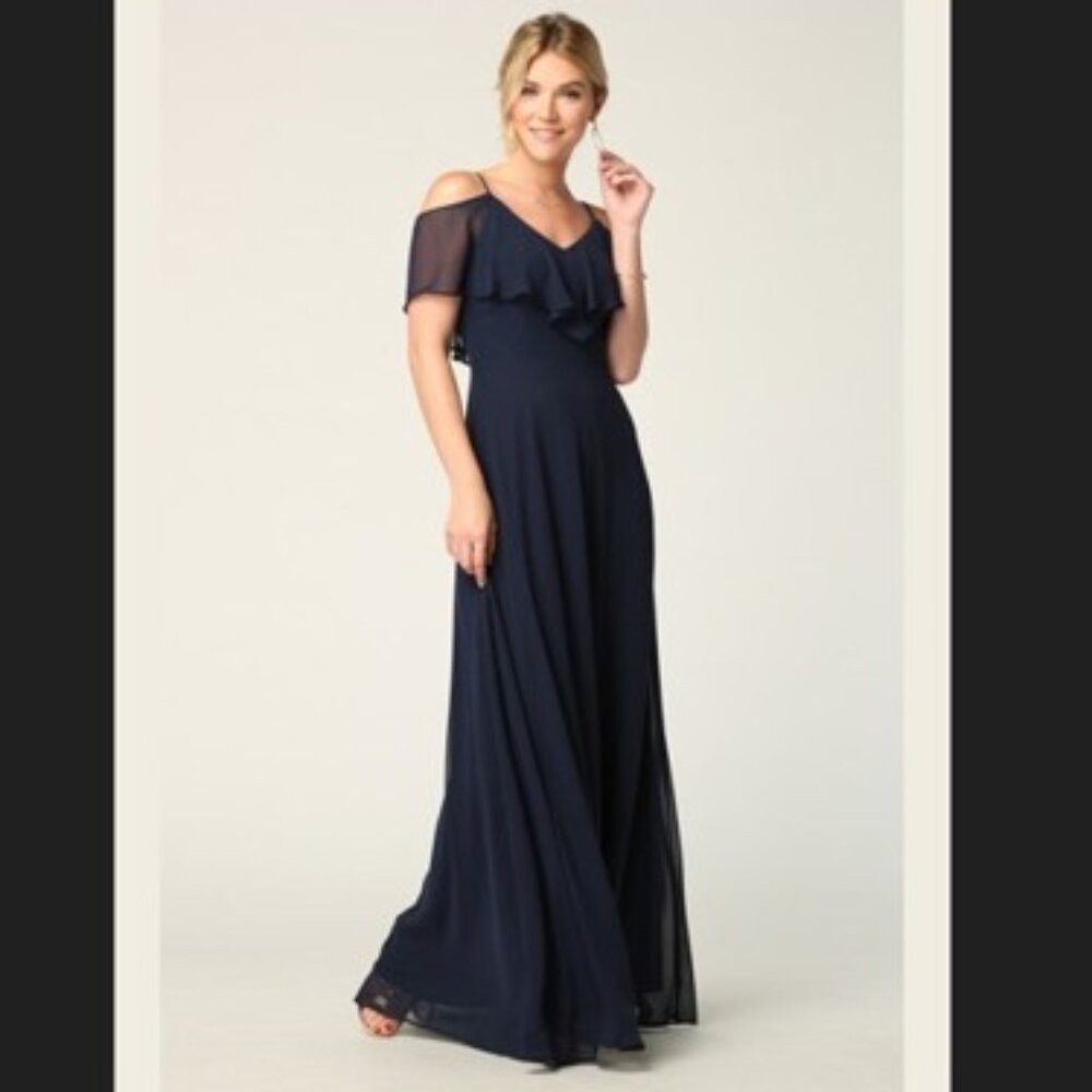 Eva USA Cold Shoulder Chiffon Maxi Dress with Ruffle Overlay